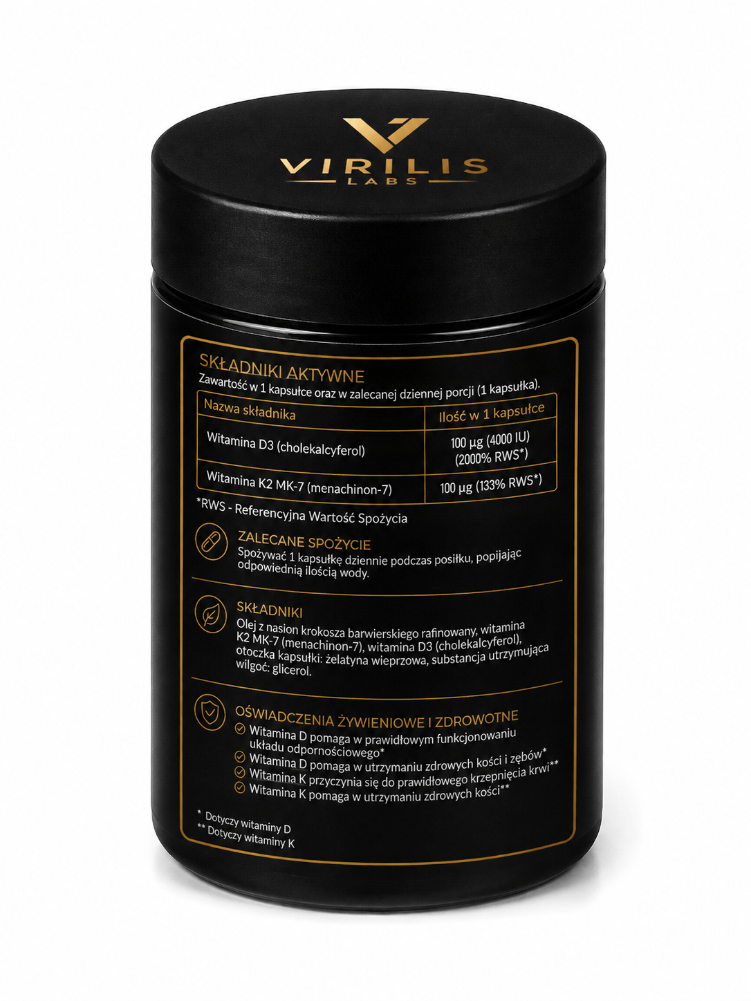 VIRILIS LABS Vitamin D3 4000 IU + K2 MK-7, 120 kapsułek